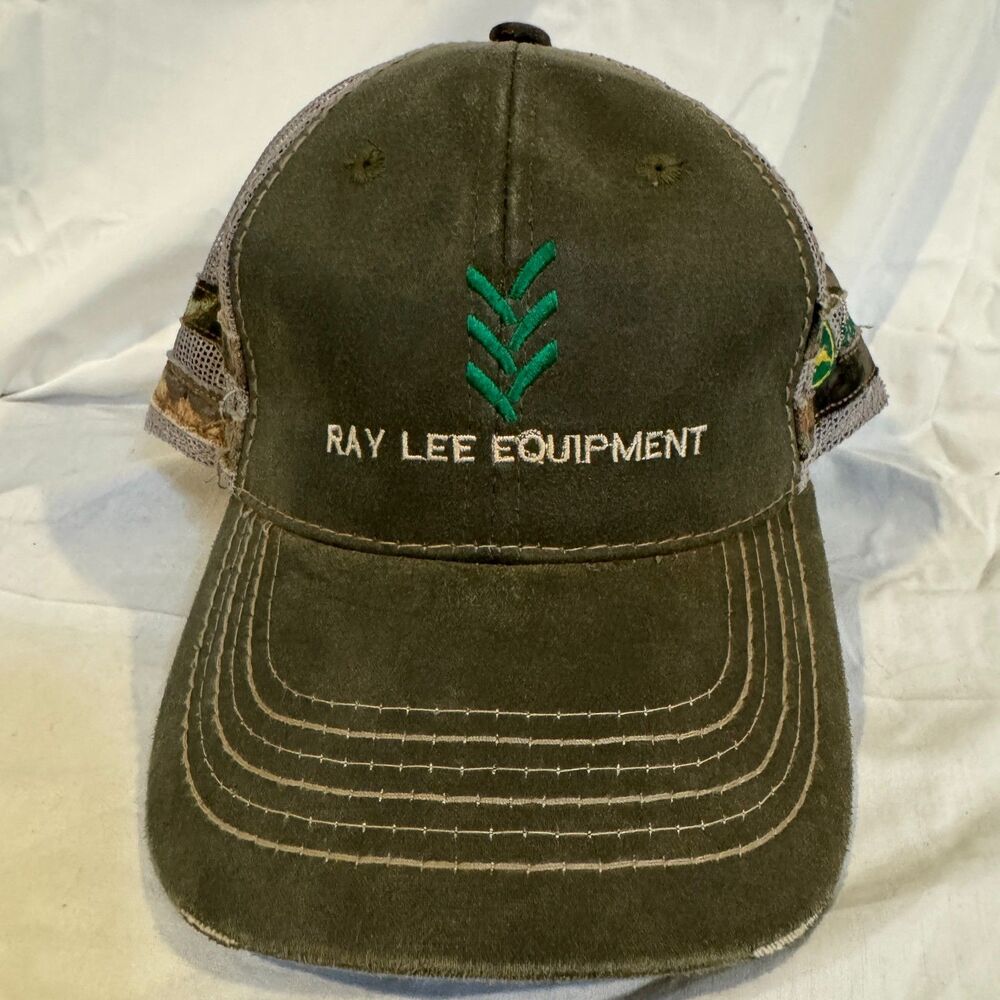 John Deere Trucker Hat Ray Lee Equipment Outdoor Cap Mossy Oak Camo Distressed